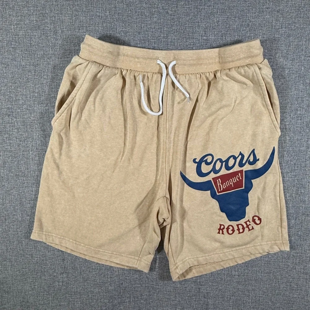 Coors Banquet Rodeo Graphic Sweat Shorts Men Small Tan Western Cowboy Americana